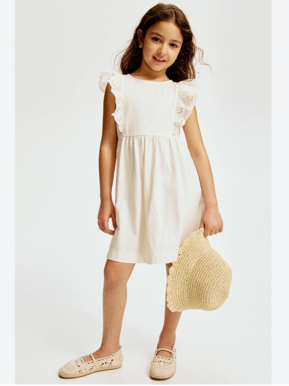 H&M Cream Flounce-Trimmed Cotton Dress